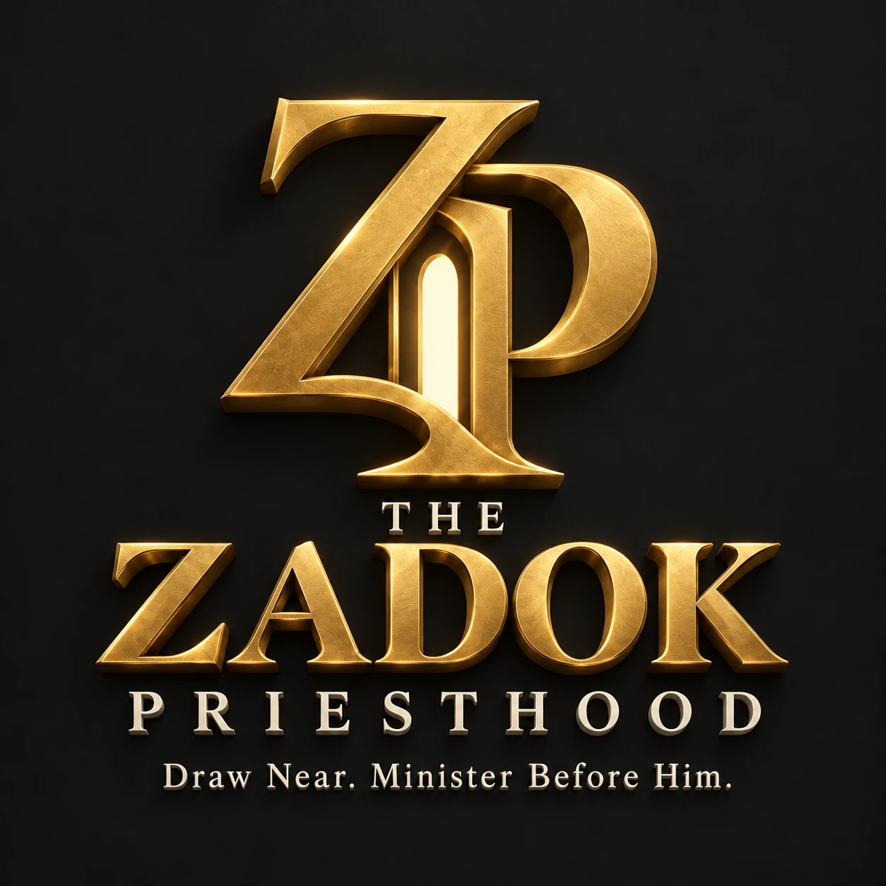 The Zadok Priesthood — gold ZP emblem with an illuminated doorway. Draw Near. Minister Before Him.